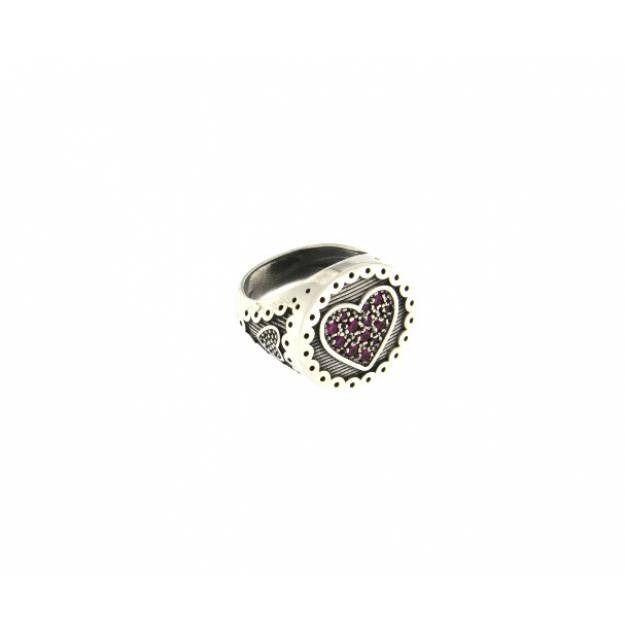 Rue Des Mille Silver Ring with Heart and Red Zircons