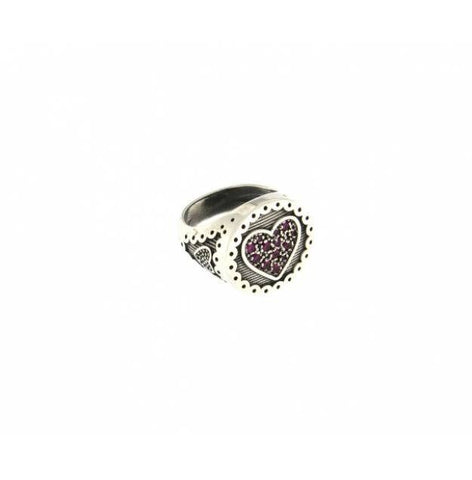 Rue Des Mille Silver Ring with Heart and Red Zircons