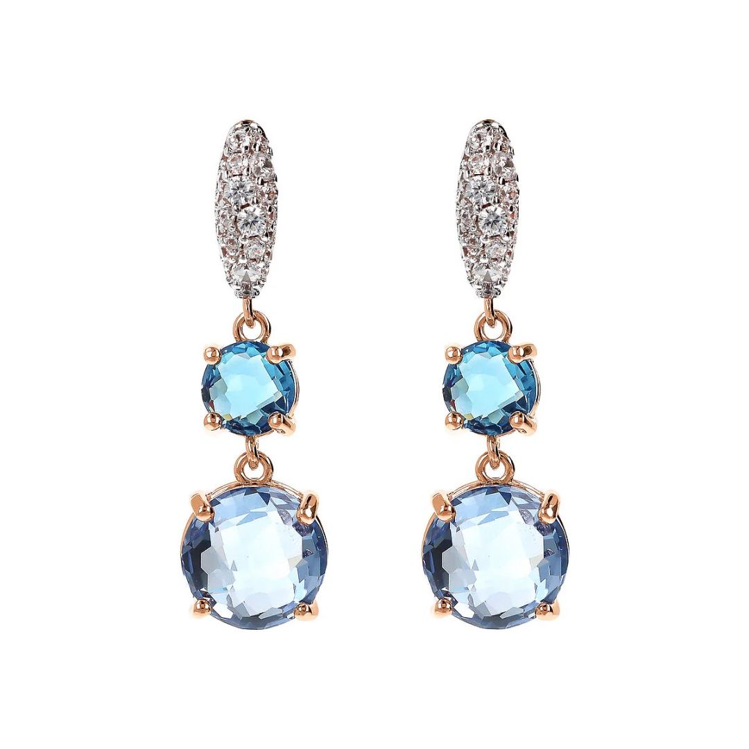 Bronzallure Drop Earrings with Blue Round Gem Prism and Cubic Zirconia Pavé