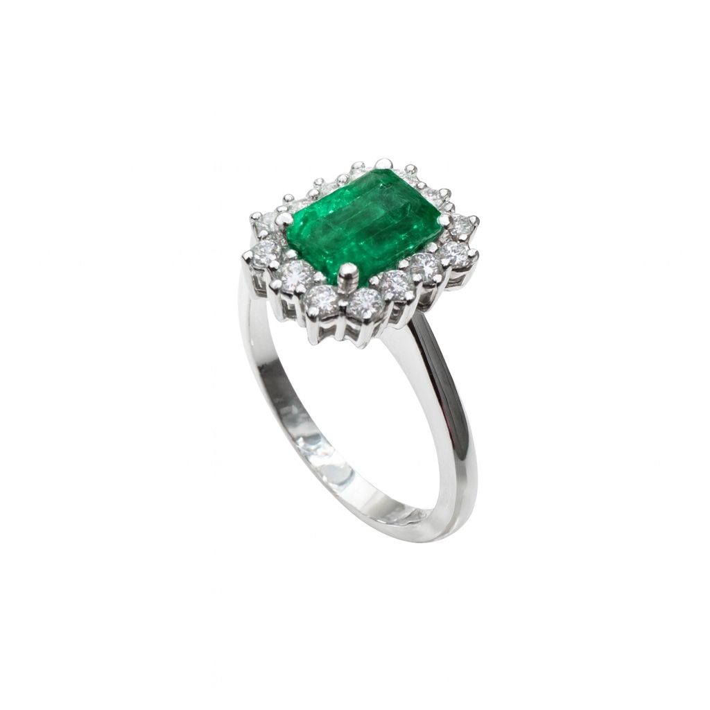 Anello Davite&Delucchi in Oro Bianco con Smeraldo Taglio Ottagonale e Diamanti AA031775SM21