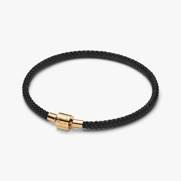 Bracciale Pandora In Corda Nera Con Chiusura a Barile Placcata Oro 14 KT