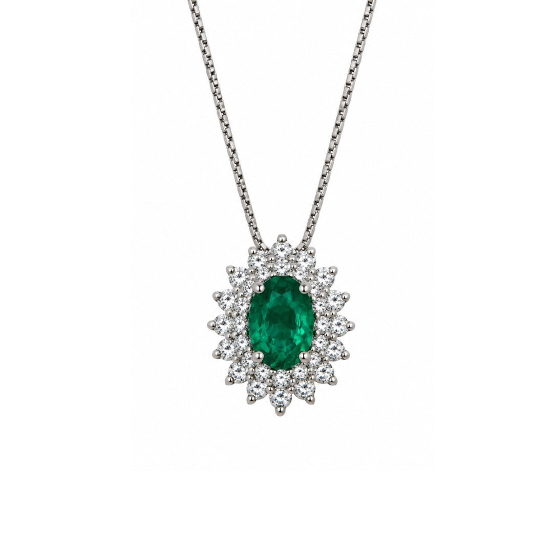Collana Davite&Delucchi In Oro Bianco 18 KT con Smeraldo Naturale e Contorno di Diamanti Naturali CLN011835SM