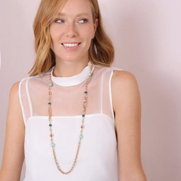 Collana Bronzallure a Catena Rolo con Maglie Rettangolari e Sfere Di Quarzite VerdeWSBZ02136.LGQ