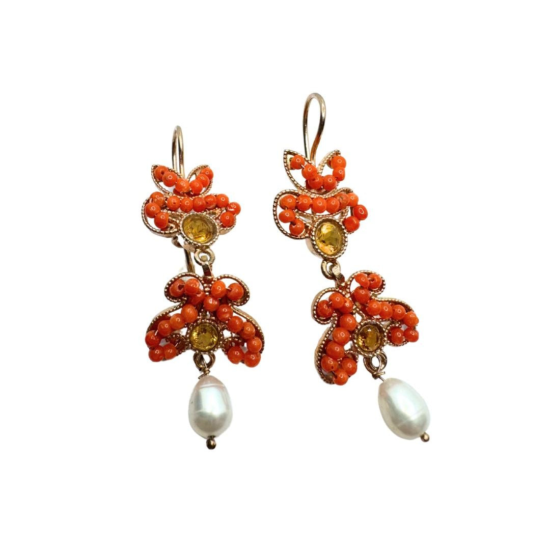 Pendientes Koliè Pashà en Plata con Perlas, Coral y Topacio
