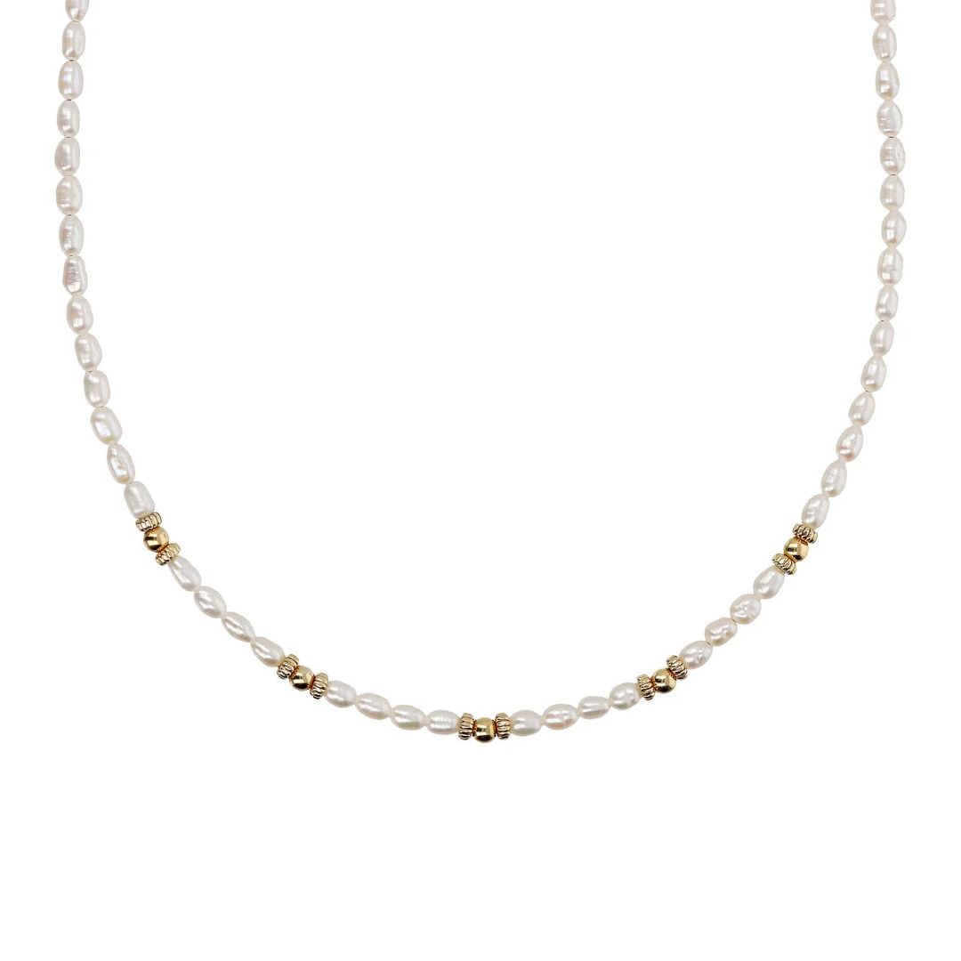 Etruscan Choker Necklace in 18kt Yellow Gold Plated 925 Silver with Golden Spheres and Freshwater Rice Pearls WSET00781.YG