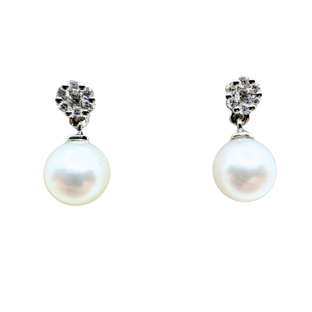 Giorgio Visconti White Gold Earrings with a Magic Flower of Diamonds and 7.5mm Freshwater Pearls