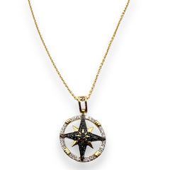 Zancan Men's 18K Yellow Gold Necklace with Compass Rose Pendant and Black and White Diamonds