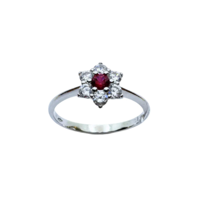 Anillo de estrella de oro blanco de 18 kt con circonitas rojas y blancas