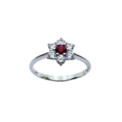 Anillo de estrella de oro blanco de 18 kt con circonitas rojas y blancas