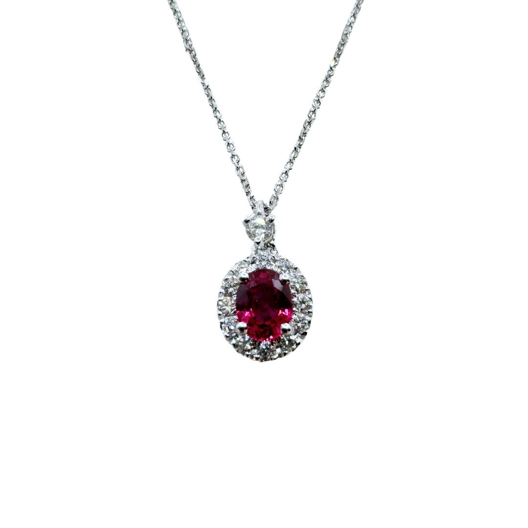 Collana Golay in oro Bianco con Pendente con Rubino Taglio Ovale e Contorno di Diamanti PCL122DIRU45