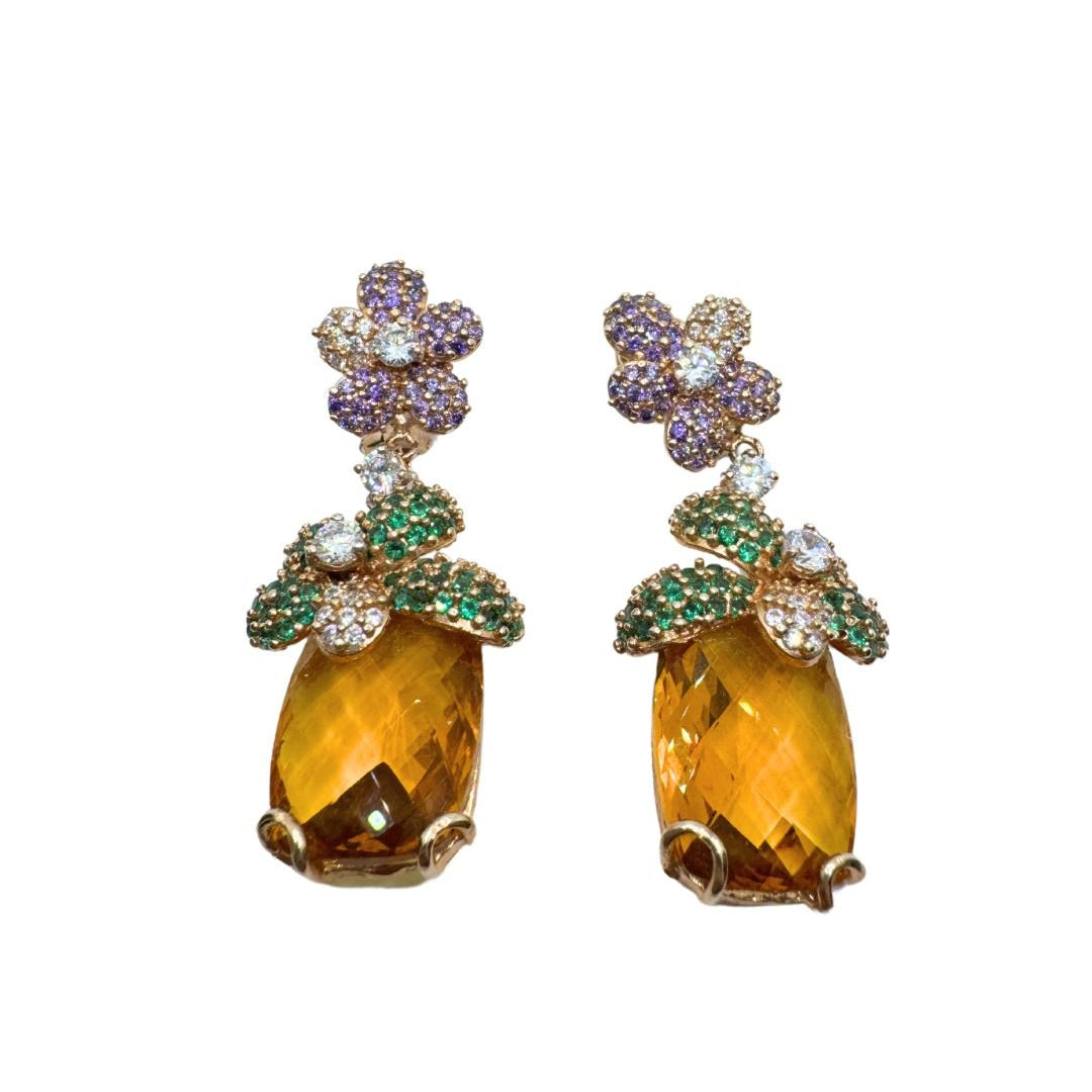 Orecchini Fiorini in Argento con Quarzo Citrino e Zirconi 0175AG8790159I