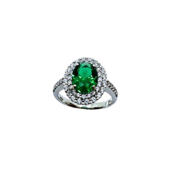 Anello in Oro Bianco 18 KT coN Zircone Verde Taglio Ovale con Contorno di Zirconi Bianchi AN071