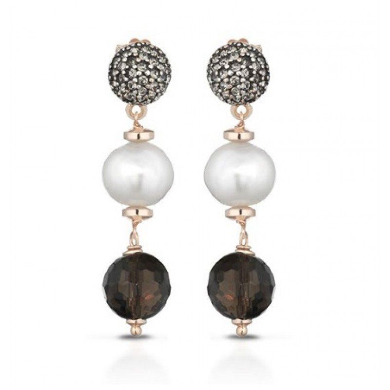 Pendientes Lelune con esfera pavé, perla y cuarzo ahumado