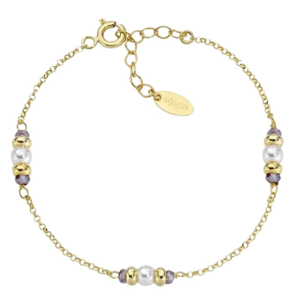 Pulsera de oro Amén con perlas de cristal morado