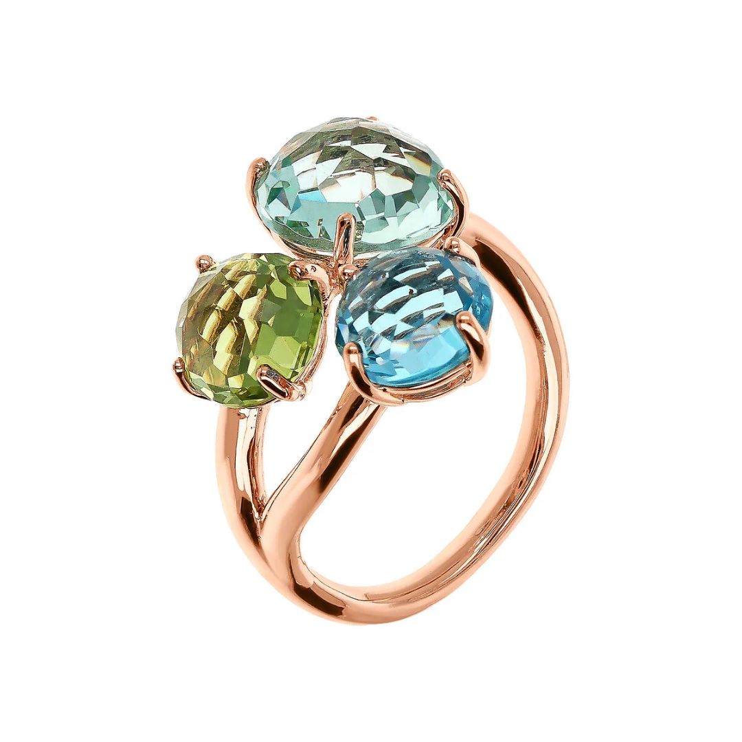 Anillo Bronzallure Trilogy con gema prismática de corte mosaico, peridoto, topacio y amatista verde