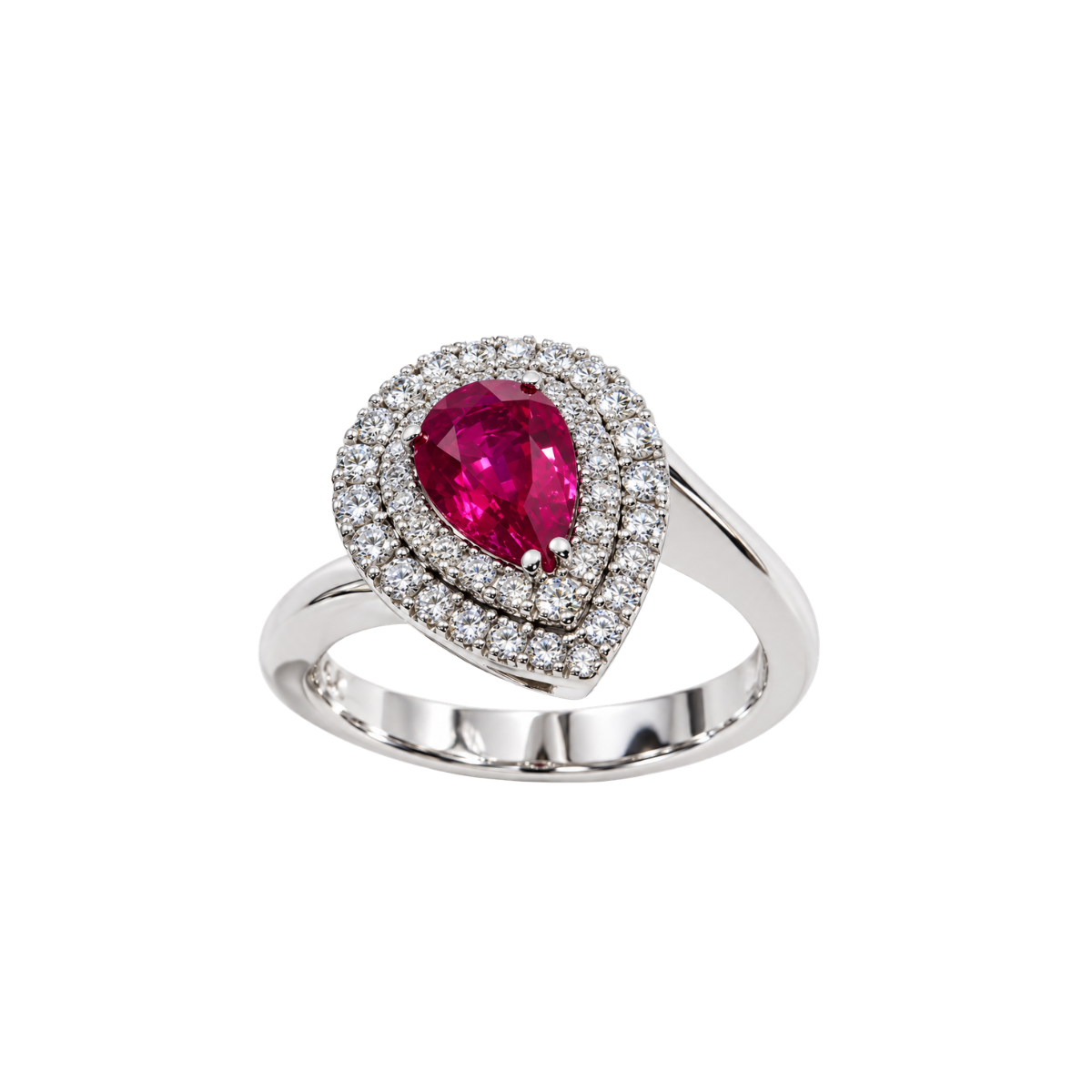 Anillo de oro blanco con rubí de talla gota y diamantes