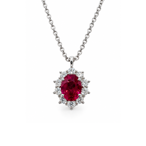 Collana Leo Pizzo in Oro Bianco con Pendente Rubino Taglio Ovale e Contorno di Diamanti COLP13