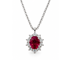 Collana Leo Pizzo in Oro Bianco con Pendente Rubino Taglio Ovale e Contorno di Diamanti COLP13