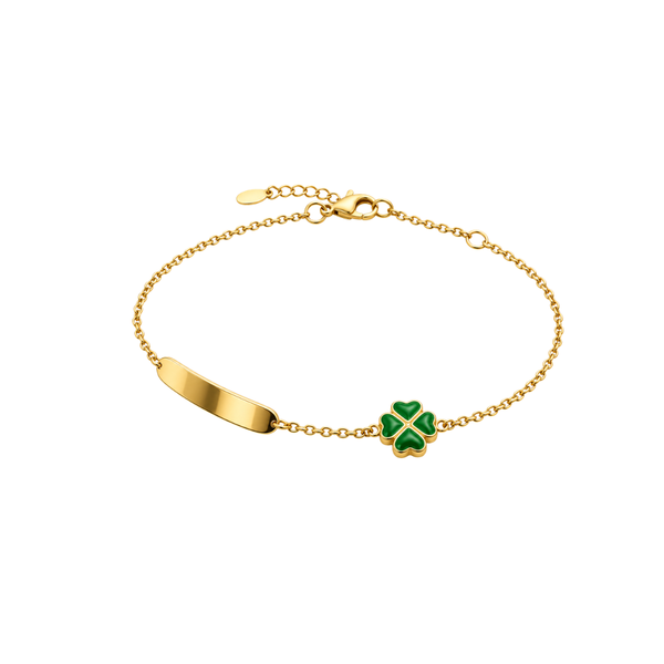 Pulsera de bebé en oro amarillo de 18 quilates con placa y trébol de cuatro hojas esmaltado en verde