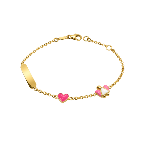 Pulsera de oro amarillo de 18 quilates para niña con ángel y corazón esmaltados