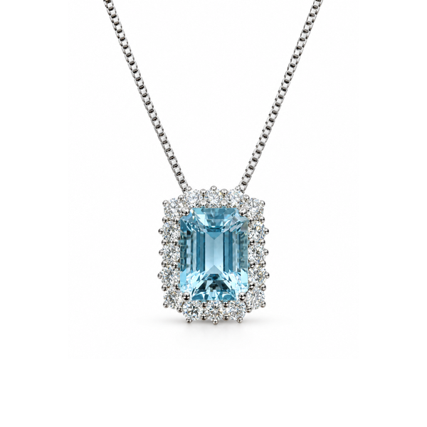 Collar de oro blanco de Giorgio Visconti con colgante de aguamarina de talla octogonal y diamantes