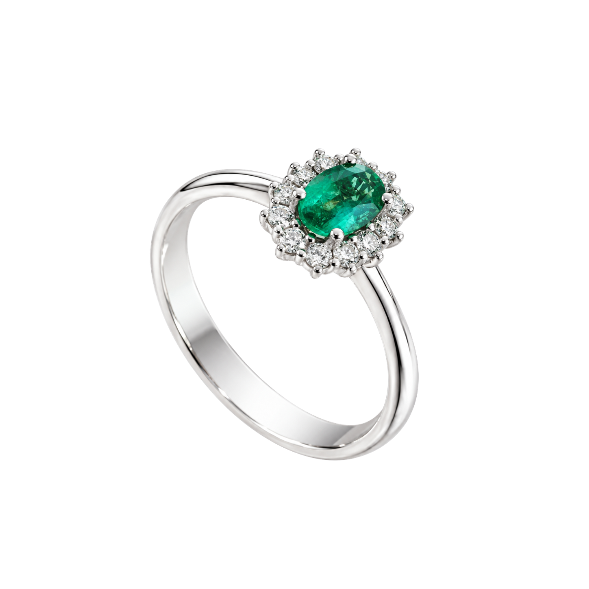 Golay White Gold Ring with Oval-Cut Natural Emerald and Natural Diamonds
