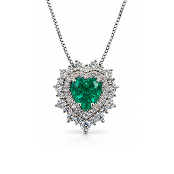Collar Bibigì Corazón en oro blanco con esmeralda talla corazón y doble hilera de diamantes