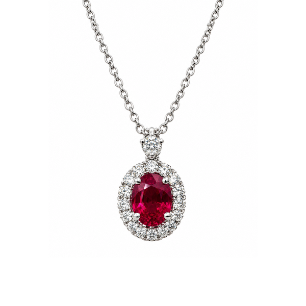 Collana Golay in oro Bianco con Pendente con Rubino Taglio Ovale e Contorno di Diamanti PCL122DIRU45
