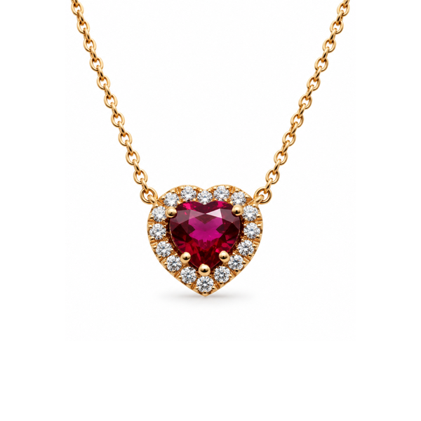 Collar Iannelli de oro rosa hecho a mano con colgante de corazón con rubí y diamantes talla corazón
