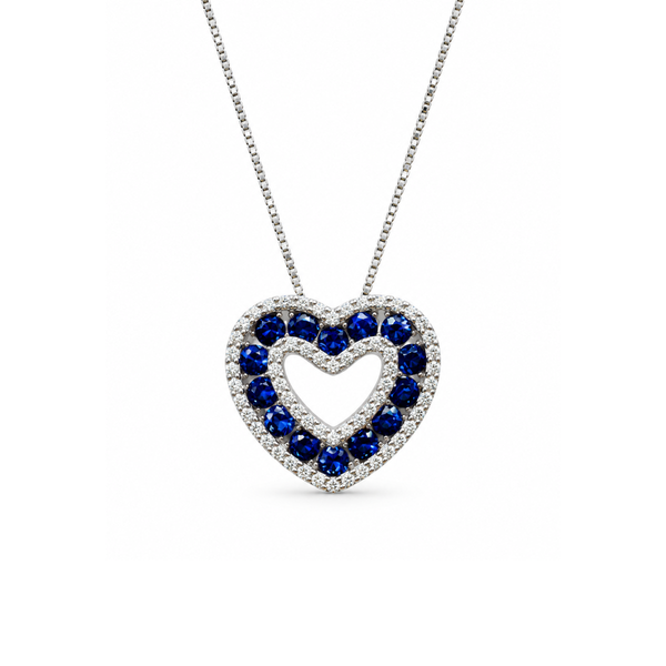 Collar Iannelli de oro blanco hecho a mano con colgante de corazón con zafiros y diamantes