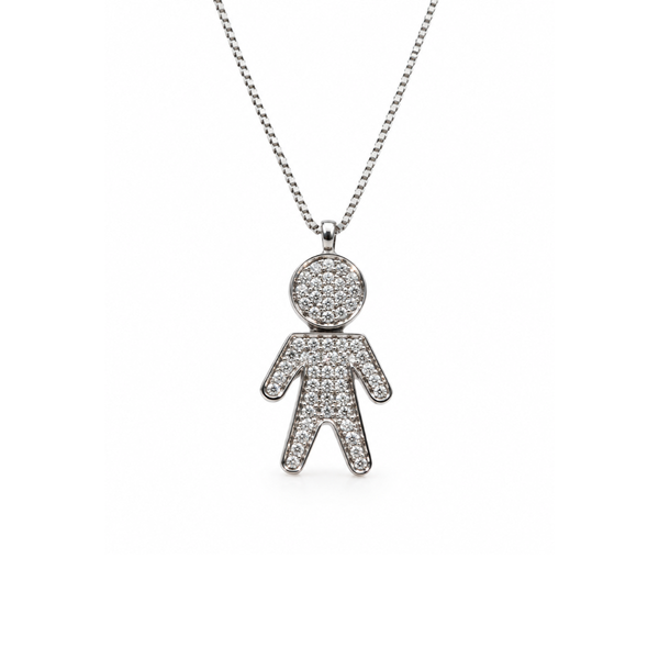 Collar de oro blanco de 18 kt con colgante de bebé y diamantes de varios tamaños.