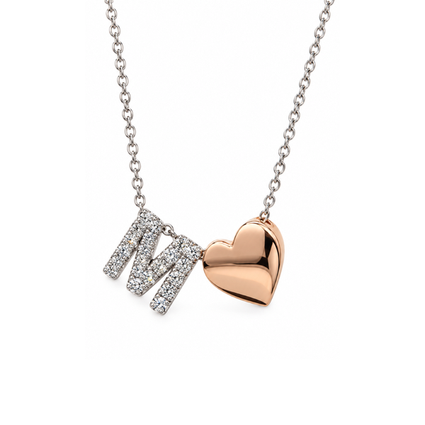 Collar Iannelli hecho a mano con colgante de corazón de oro rosa y letra M con diamantes de oro blanco