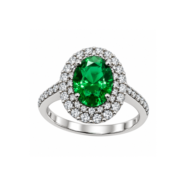 Anillo de oro blanco de 18 kt con circonita verde de corte ovalado y circonita blanca envolvente