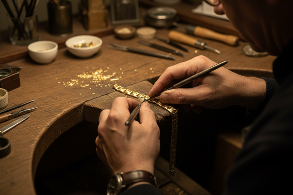 Orafo al lavoro su bracciale in oro giallo