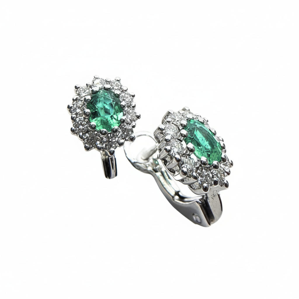 Giorgio Visconti Clip-On Stud Earrings in White Gold with Emeralds and Diamonds