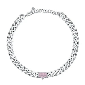 Collana Chiara Ferragni Chain Bossy Silver Groumette con Piastrina e Zirconi Rosa J19AUW15